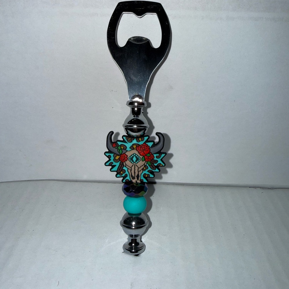 Handmade Beaded Decorative Silver and Teal Bottle Opener silicone and resin bead